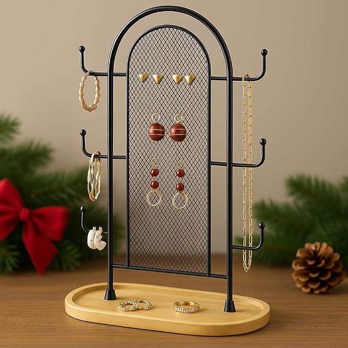 bussdis Jewelry Holder Organizer Earring Display - Earring Storage Tree Stands Towers With 6 Hooks 300 Studs Wood Tray Black Metal Rack