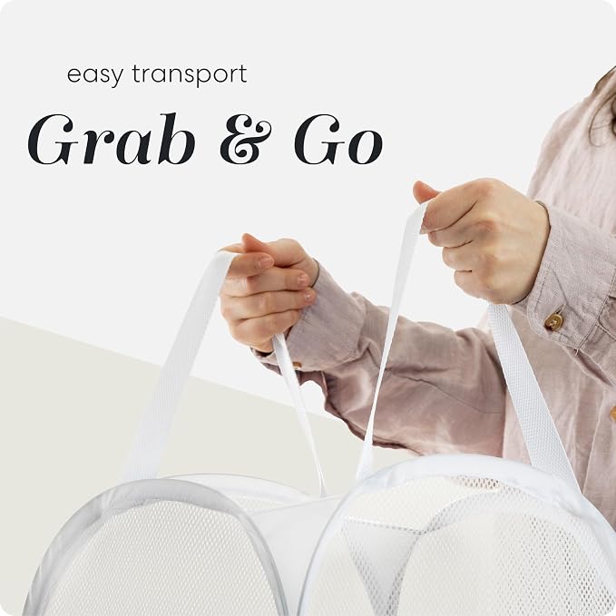 Pop Up Laundry Hamper, Collapsible Mesh Clothes Basket - Handy Laundry 71L Foldable Clothes Basket with Reinforced Handles, Wide Opening and Side Pocket for Dorm, Travel, Cruise, Bedroom (White)