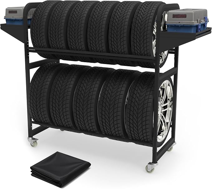 Tire Storage Rack 57" x 55.1" x 20" w/Anti-dust Cover | Adjustable Rolling Tire Rack for Garage Black w/4 Swivel Casters & 2 Storage Shelf for Garage Storage