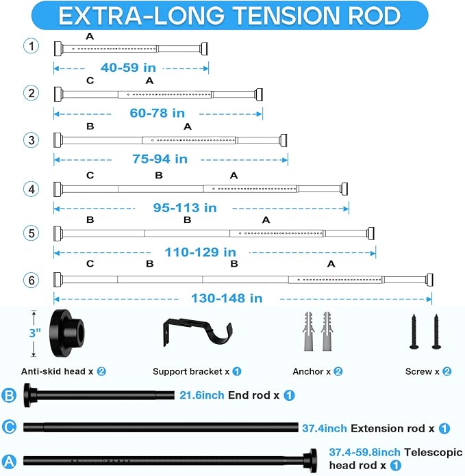 Tension Curtain Rod Black Tension Rod 40 to 148 Inch Spring Curtain Rods Non Slip Tension Rods 1pcs For Windows No Drilling Adjustable Tension Rods of Curtains Window Closet Kitchen Wardrobe