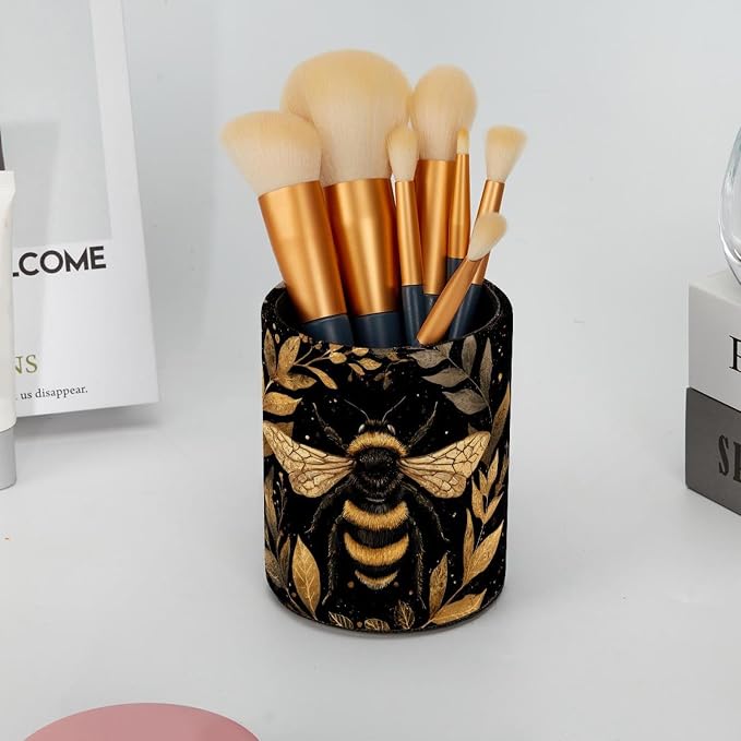 Faux Leather Pen Holder for Desk, Pencil Organizer Golden Bee Pen Cup Desk Decor Makeup Brush Holder Storage for Office Home