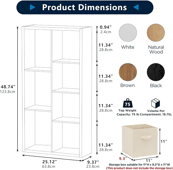 7 Cube Storage Organizer, Cube Shelf with Heavy-Duty Thick Boards, 25.12" L x 9.37" W x 48.74" H, Smooth Easy-Clean Panels, Simple Assembly, for Living Room Bedroom Office, Natural-Oak