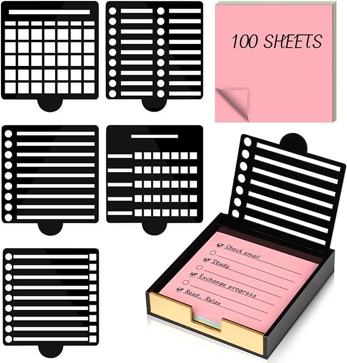 3" x 3" Sticky Notes Stencil and Holder Set with 5 Planner Stencils 100 Sheet Self-Stick Sticky Notes Black Acrylic Post It Note Stencil Holder Memo Organizer for Classroom Office Desk Organiz