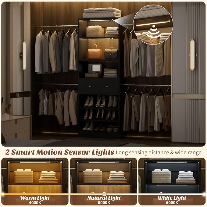 Armocity Wood Closet Organizer System with Sensing Light - 4FT-9FT Expandable Wardrobe Closet with Drawer & 4 Hanging Rods, Heavy Duty Walk-in Closet 1000Lbs for Bedroom Walk-in Closet, Black