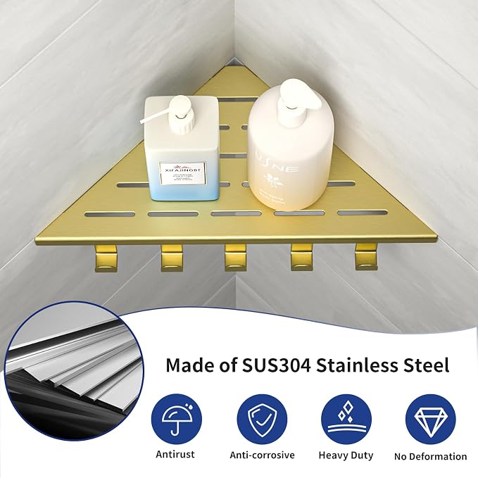 10‘’ Corner Shower Shelf | 304 Stainless Steel Shelves for Bathroom, Grout in Shelf with Hooks for Tiled Wall (Gold)