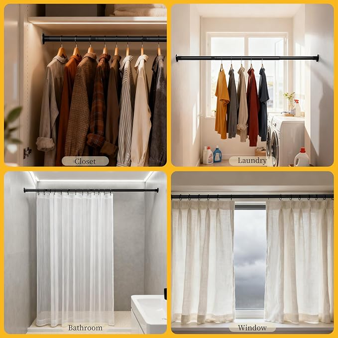 No Drilling Closet Rod, Adjustable Black Closet Rod, 28-98 Inches Heavy-Duty Closet Tension Rods for Hanging Clothes for Wardrobes, Closet, Laundry & Bathroom