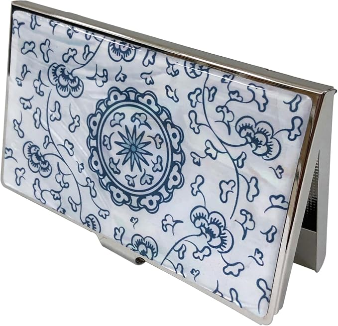 Mother of Pearl Business Card Case Credit Id Name Holder Travel Wallet Art Painting Design Metal Stainless Steel Engraved Slim Purse Pocket Cash Money Wallet (Blue Arabesque)