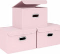 STOREONE Fabric Storage Cube Bins Foldable Organizer Container Collapsible Basket with Lids and Metal Handles, for Home, Bedroom, Closet 3 Pcs (multicolour-light pink)