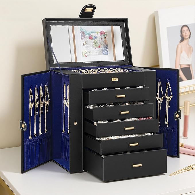 AKOZLIN 6-Tier Jewelry Box Organizer Functional 5 Drawers Leather Jewelry Storage Case for Women Girls Ring Necklace Earring Bracelet Holder Organizer with Mirror Extra Large BlackBlue