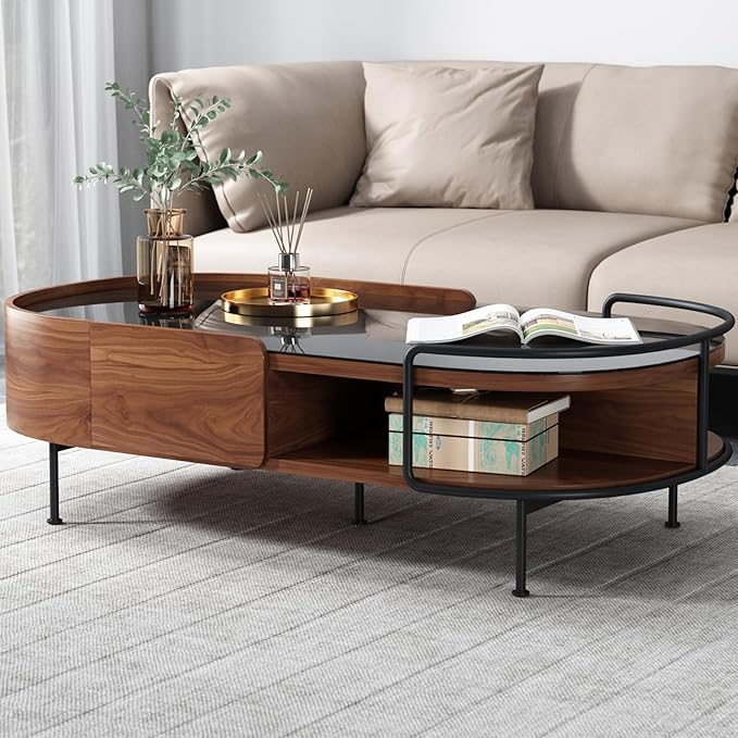 Lartis Oval Coffee Table in Walnut Black Glass Top Coffee Table - Living Room Table with Semi-Circular Storage,Multi Functional Marvel for Modern Living Room