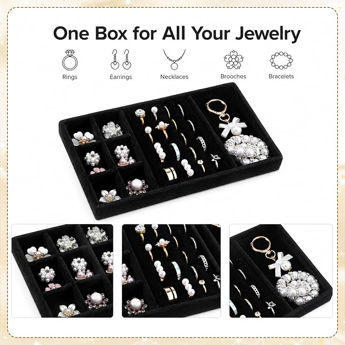 Jewelry Drawer Organizer Inserts Black Velvet Jewelry Tray Stackable Insert | Jewelry-Organizers and Storage for Drawers Drawer Inserts Earring Organizer for Women Storage Display Rings Stud Necklaces