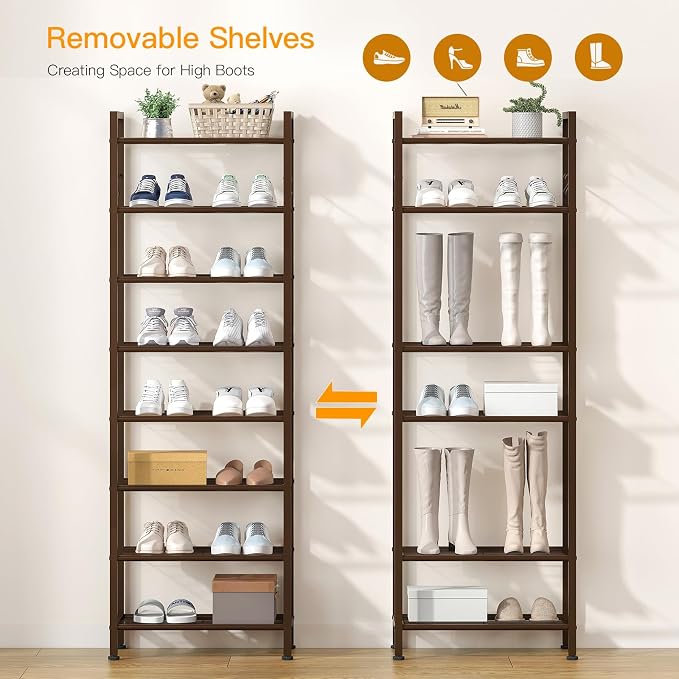 usikey 8 Tiers Narrow Shoe Rack 16-24 Pairs, Sturdy Metal Tall Shoe Rack with 4 Hooks, Slim Shoe Storage Organizer with Metal Shelf, Space Saving Vertical Shoe Shelf for Closet Entryway, Bronze