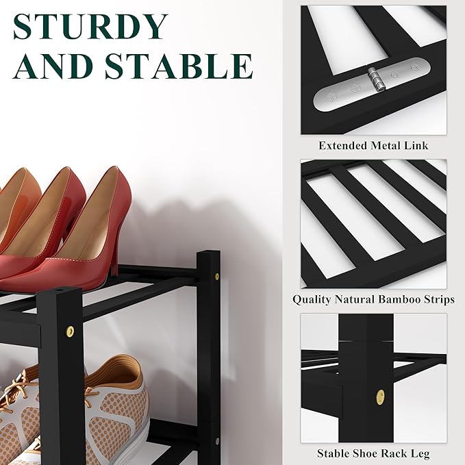 Smiry Bamboo Shoe Rack for Closet, 6 Tier Wooden Shoe Organizer, Stackable Wood Shoe Storage Shelf for Entryway, 14 Vertical Slats, 3+3 Stack Heavy-Duty Legs, 26.77"x11.02"x36.61", Black