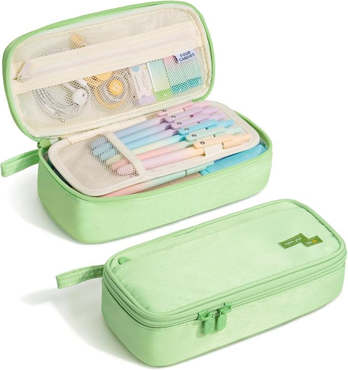Four Candies Pencil Case, Large Capacity Pencil Pouch—Portable Marker Holder Bag for Home & Office, Soft Supply Organizer (Green)