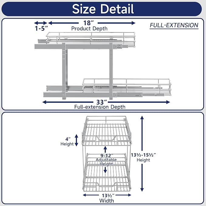 2-Tier Pull Out Cabinet Organizer, 13.5" W x 21.5" D, Heavy Duty Dual Slide Out Shelves for Base Cabinets, Chrome Wire Basket Drawer for Pantry, Kitchen & Bathroom Storage
