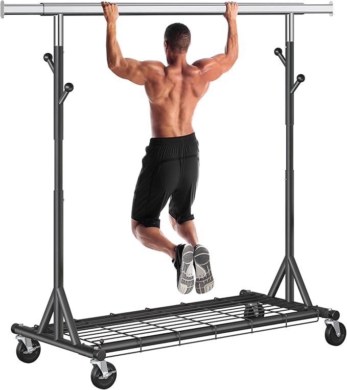 Gewudraw Clothes Rack Heavy Duty 530 LBS Capacity, Portable, Foldable,Black | Rolling Clothing Rack With 4" Wheels, Shelf, Hooks, Adjustable, Collapsible, Garment Rack for Wardrobe,Bedroom, Laundry Room