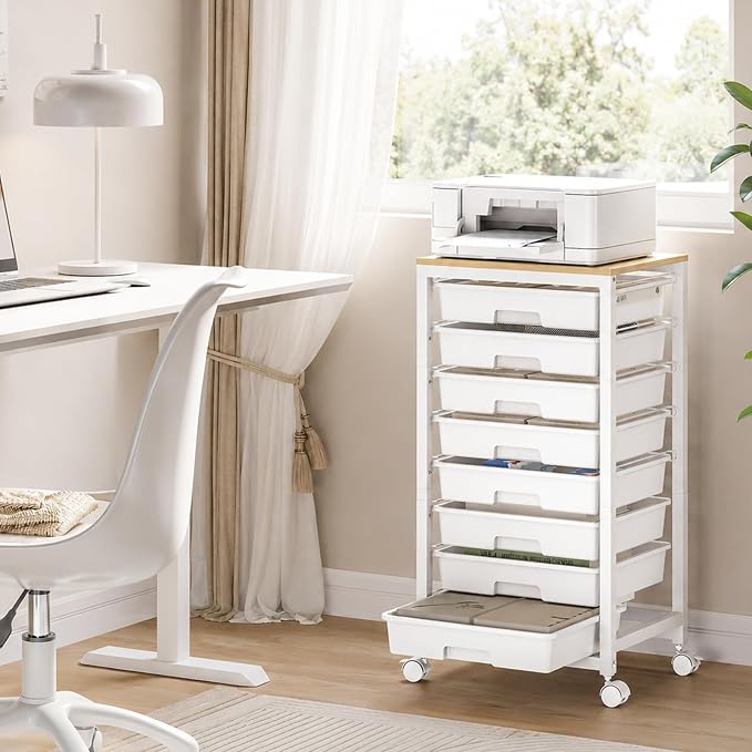 SYKIARIOL Rolling Cart with Drawers,8 Drawer Rolling Cart,Rolling Drawer Cart,Rolling Storage Drawer Cart,White Rolling Cart,Utility Cart with Drawers and Wooden Tabletop