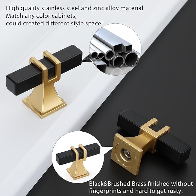 10 Pack Black and Gold Cabinet Knobs Black Dresser Drawer Konbs T Bar Pulls Kitchen Cabinet Hardware
