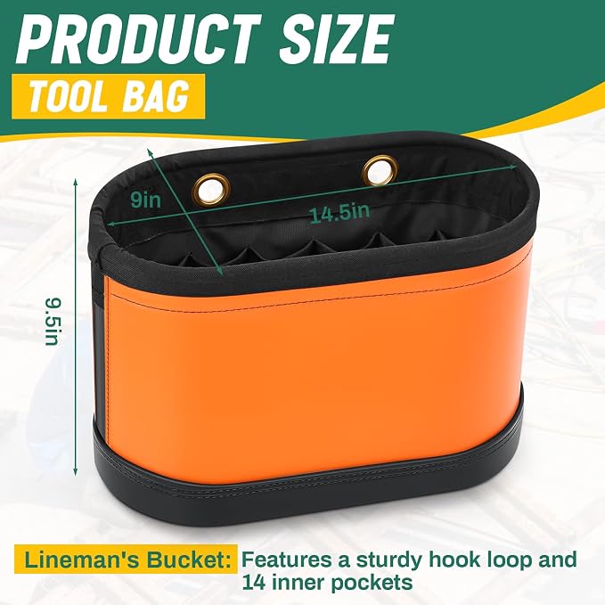 Oval Hard Bucket Tool Organizer, Utility Plastic 14 Pocket Polypropylene Tool Bucket Bag with Hook and Drain Holes for Home Garage Light Trade Lineman Tools, Without Stand