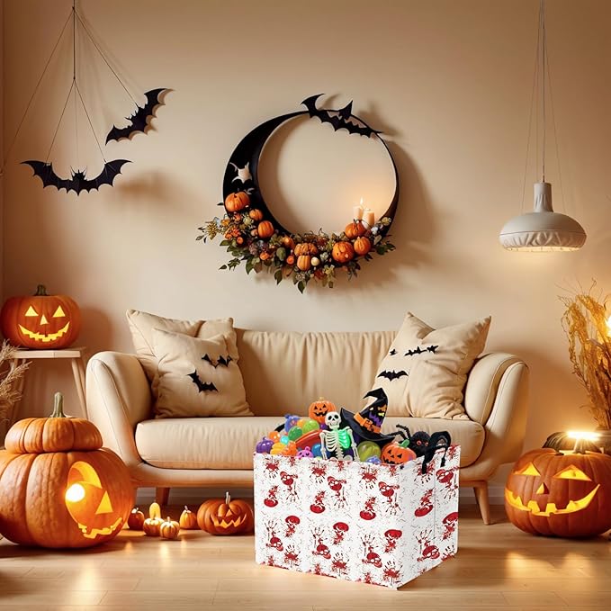 Halloween Basket Gift Terror Ghost Parties Decor Kid Trick or Treat Basket for Boys and Girls Rectangular Storage Bin Box (Blood Fingerprint)