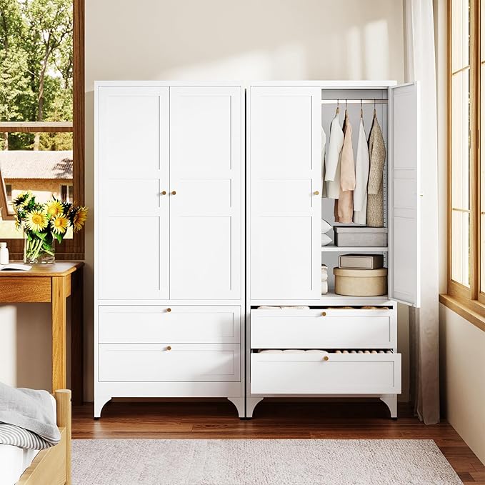 Letaya Metal Armoire Wardrobe Closet with 2 Drawers,18" Deep Clothing Storage Cabinet with Doors and Shelves,Coat Closet with Hanging Rod,Bedroom,Home,Cloak Room,White