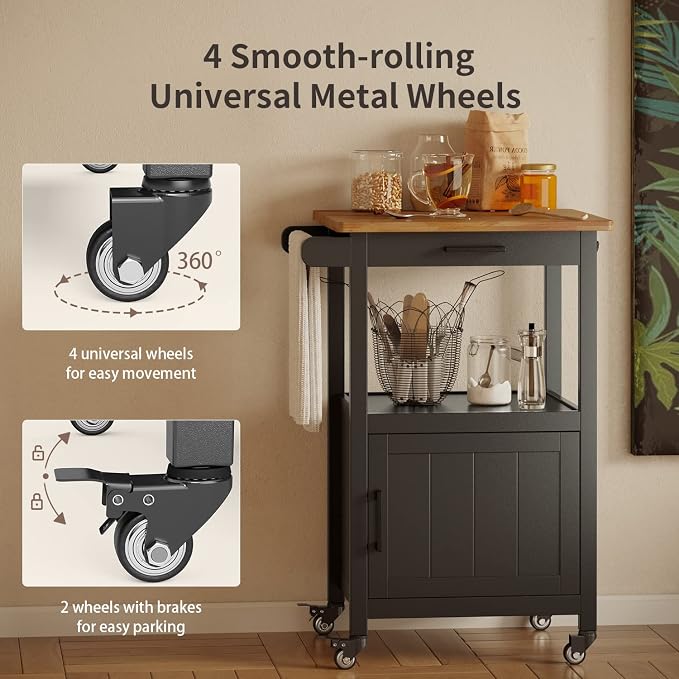 Qsun Microwave Cart, Microwave Stand | Kitchen Island on Wheels, Rolling Kitchen Cart with Rubber Wood Countertop, Side Hook, Microwave Cart for Small Space