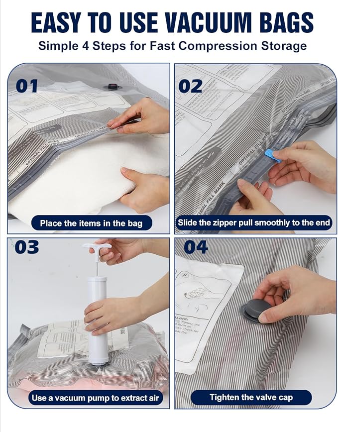 Fantictas Vacuum Storage Bags, 10 Small Space Saver Bags with Hand Pump 80% Space Saver Vacuum Seal Bags Vacuum Seal Compression Bags for Clothes, Travel Luggage, Closet, Dorm, Moving