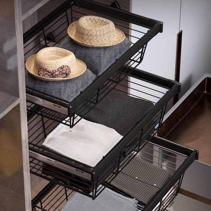 Closet Pull-Out Basket,Stackable Shelf Baskets Organizer,Aluminum Alloy and Stainless Steel Stackable Storage Bins,for Office Bathroom Bedroom(34.01-35.98in)