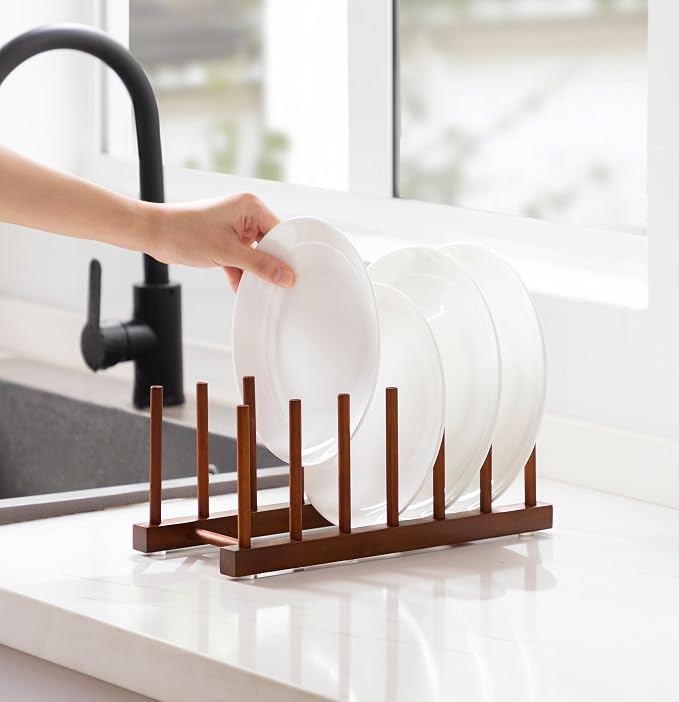 HBlife Teak Wooden Dish Drying Rack Kitchen Plate Organizer Pot Lid Holder | 6 Slots, Vertical Dish Racks for Cabinet Countertop & Wall, Plate Pot Lid Cutting Board Holder, Bowl Cup Drainer, Keep Dry