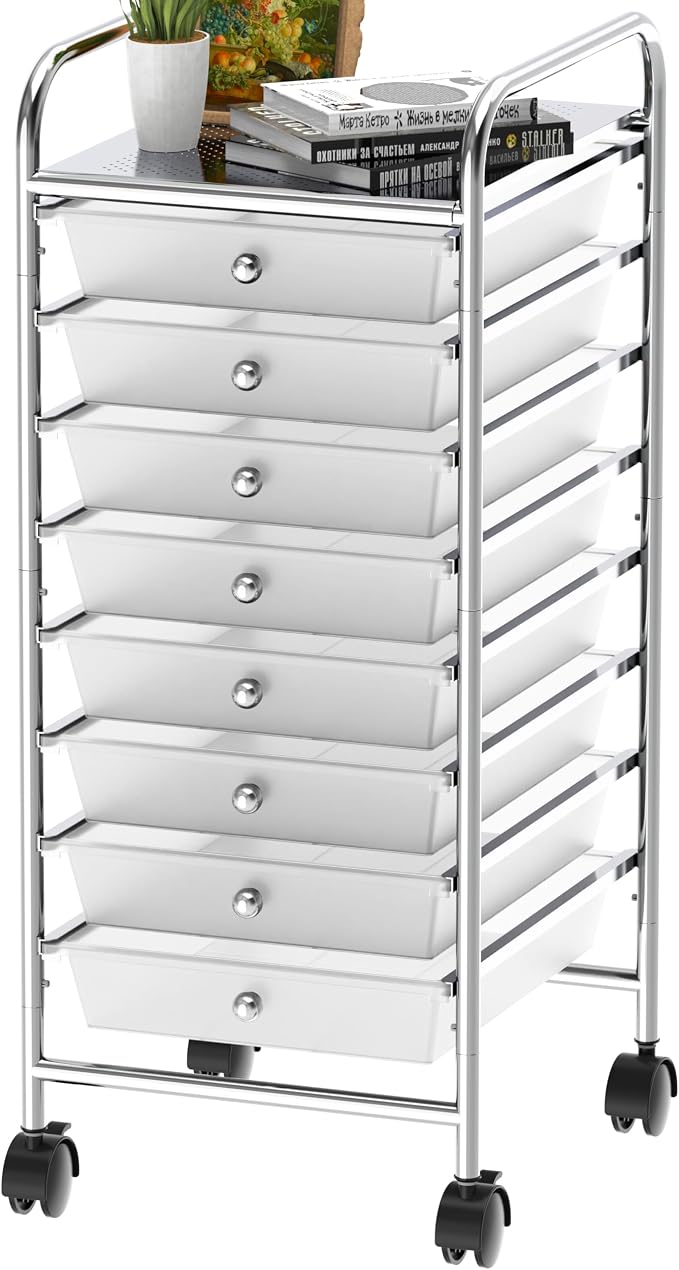 Simple Houseware 8 Drawers Rolling Utility Cart Art Craft Storage, Chrome | 1-Column, 30.25" Height, Lockable Wheels, for School, Office, Art Craft, and Paper Storage