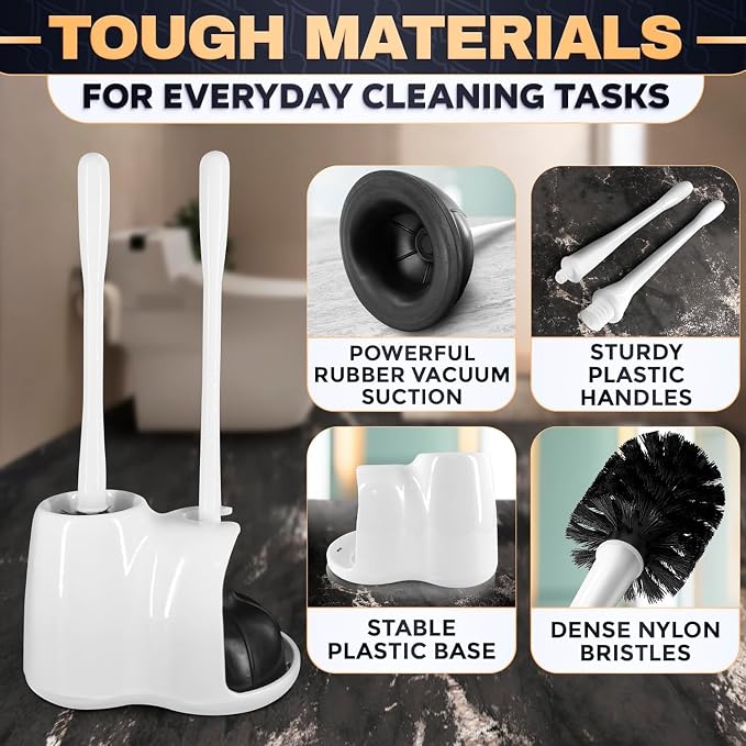 2 in 1 Toilet Plunger and Brush Set White - Toilet Brush and Plunger Set White with Stiff Bristles, Strong Vacuum Suction and Holder - Space-Saving Stand, Fits Most Standard Toilets, 6.4×5.5×17.1 inch