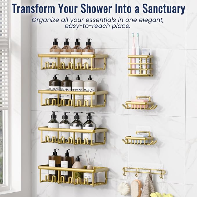8 Pack Adhesive Rustproof Shower Caddy with Soap Dishes, Toothbrush Holder & Hooks, Large Capacity No-Drilling Shower Shelves Rack for Bathroom Organizers and Storage Accessories, Gold