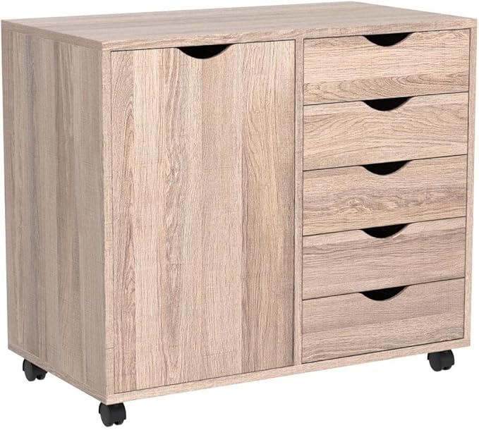 Naomi Home Wooden 5 Drawer Dresser with Cabinet Shelves and Wheels, Drawer Dresser for Bedroom Closet and Dressing Room Storage in Natural