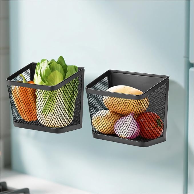 2 Pack Magnetic Spice Rack for Refrigerator and Oven Magnetic Fridge Basket Shelf Organizer for Kitchen Storage (Black)