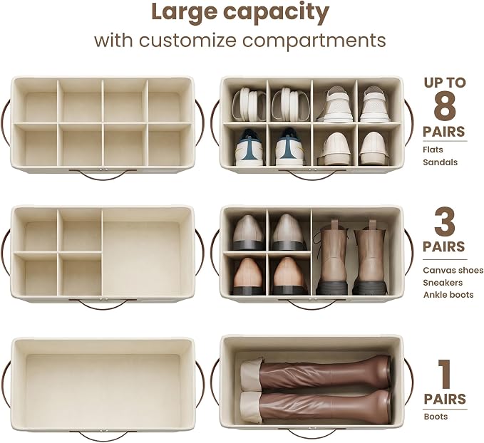 Varhomax Shoe Organizer Box for Closet, Small Fabric Storage Basket 3 Pack | Foldable Shoe Bin with Adjustable Dividers & Clear Cover, Saving Space Sneakers & Sandals Containersfor Entryway, Cubby