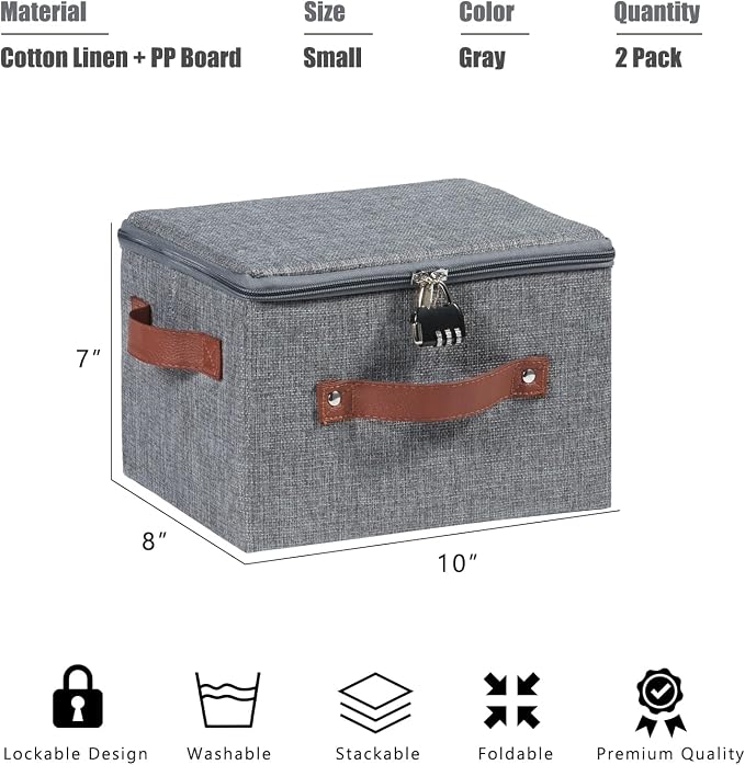 2PCS Storage Bins Boxes with Zipper Lid Combination Lock Cotton Linen Fabric Lidded Lockable Baskets PU Leather Handles Collapsible Washable Closet Shelf Organizer Container (Gray, Small)