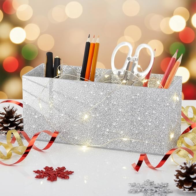 Jetec Acrylic Glitter Silver Pen Holder 4 Compartments Bling Makeup Brush Stationery Organizer Pencil Holder for Desk Accessories Sparkly Gifts for Women Back to School Birthday Desktop Office