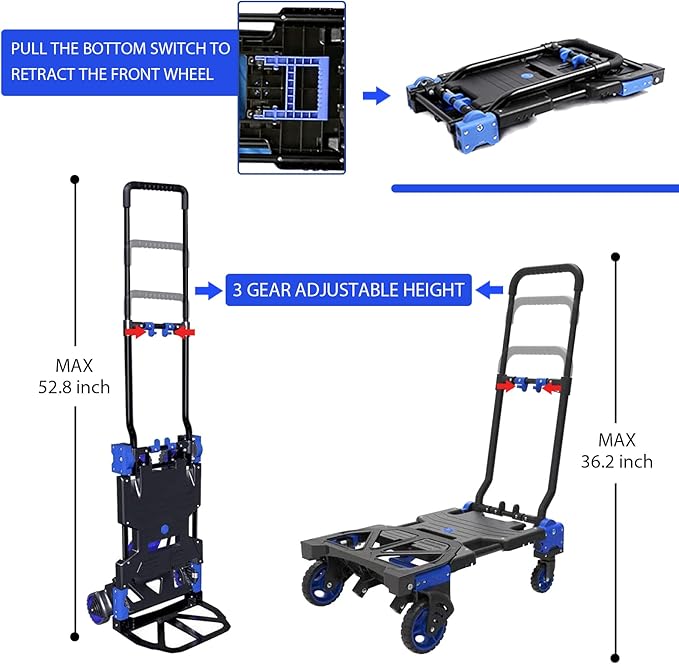 Folding Hand Truck Dolly with Folding Basket, 330LBS Capacity Carts with Wheels 2 in 1 Platform Truck, Push Cart Dolly with 4 Wheels and Retractable Handle