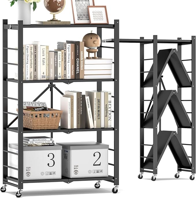 Fenbeli 4 Tier Folding Storage Shelf with Wheels, Heavy Duty Metal Shelving Unit No Assembly, Foldable Rolling Storage Rack 600 LBS Capacity, Locking Casters for Garage Kitchen Pantry