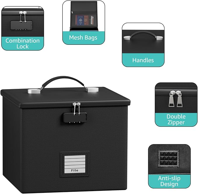2 Pack Fireproof Document Box File Organizer - Portable Waterproof Fire Safe Locking Filing Storage Box with Handle for Hanging Letter Size Folder Important Document
