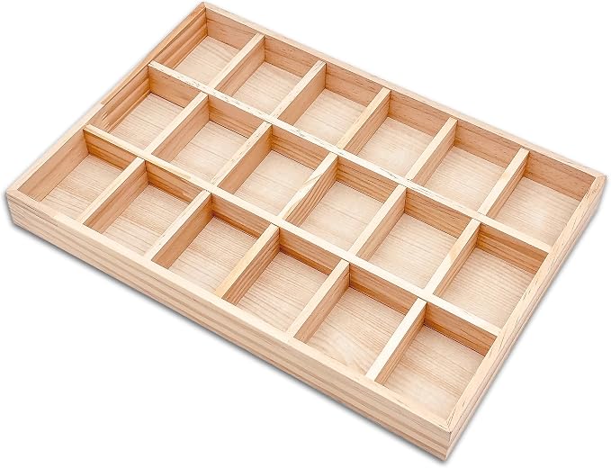 The Display Guys - Stackable Jewelry Tray and Organizer - for Drawers, Dressers, Store Display (18 Compartments, Natural Wood)