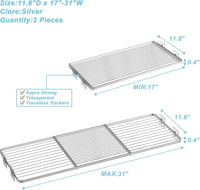 Expandable Closet Organizer Shelves, 2 Pack Adjustable Metal Storage Rod Shelves Divider for Wardrobe Cupboard Kitchen (Silver,11.8" D x 17"-31" W,2PCS)