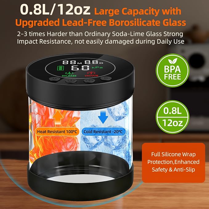Automatic Vacuum Coffee Canister, 0.8L Coffee Container with Smart Pressure Sensor,LED Display,Window,Scoop Rechargeable Airtight Electric Coffee Bean Storage for Home Kitchen Ground Food Tea Storage