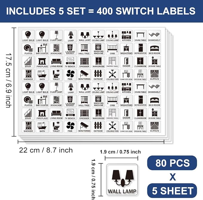 400 Pcs Light Switch Sticker Labels, 39 Designs Transparent Switch ID Stickers Black Switchboard Label Decals for Home Kitchen Bathroom Office School