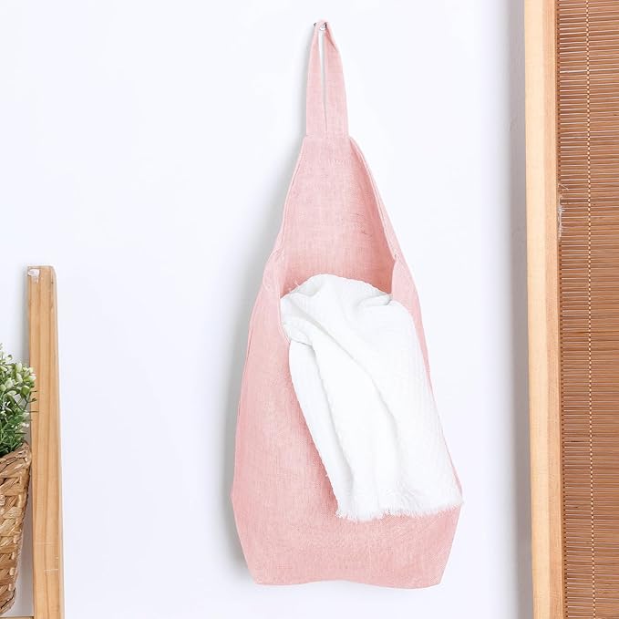 100% Linen Hanging Storage Bags Baskets 2 Pcs, Small Wall Storage Bag for Kitchen, Bedroom, RV Camper Organizer, Sewing Room, Nursery Storage, Kids Room (Pink)