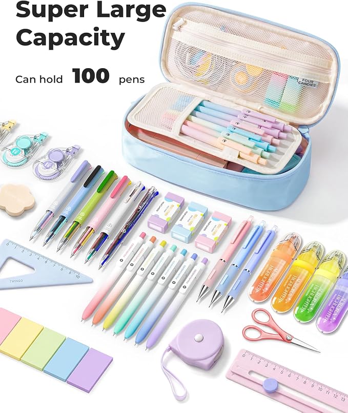 Four Candies Pencil Case,Large Capacity Pencil Pouch—Portable Marker Holder Bag for Home & Office, Soft Supply Organizer (Blue)