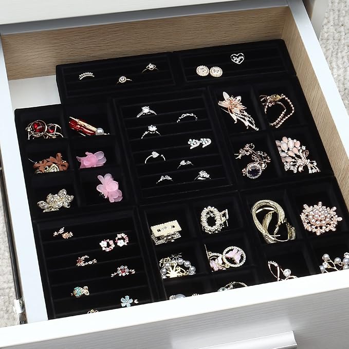 DesignSter Small Jewelry Tray-Ring Organizer 2PCS Premium Velvet Rings Earrings Display Tray Storage Insert Holder for Jewelry Box, Drawer, Dresser (6 Grids, Black)