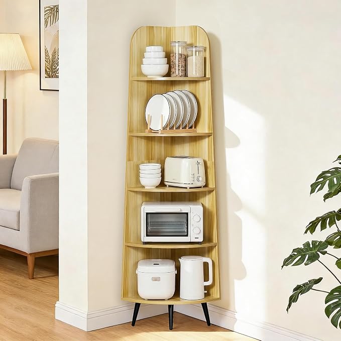 VECELO 5-Tier Curved Corner Shelf, 66.93" Tall Freestanding Corner Bookshelf, Wood Grain Narrow Corner Storage Display Rack with Wooden Legs for Living Room Bedroom Small Space, Natuarl Wood