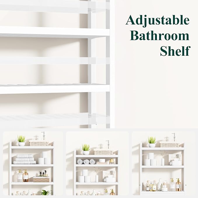 Smiry Over The Toilet Storage Cabinet, 4-Tier Bamboo Bathroom Organizers with Adjustable Shelf & 4 Hooks, Space Saving Shelf Rack for Bathrooms, Laundry Room, Balcony, White