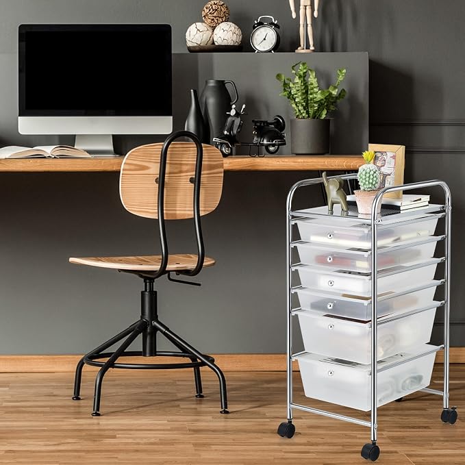 DREAMADE Rolling Cart with Storage Drawers, Utility Cart with Removable Plastic Drawers, Lockable Wheels, Art Cart for Classroom Organization Art Supplies Office Scrapbook (6 Drawers, Transparent)